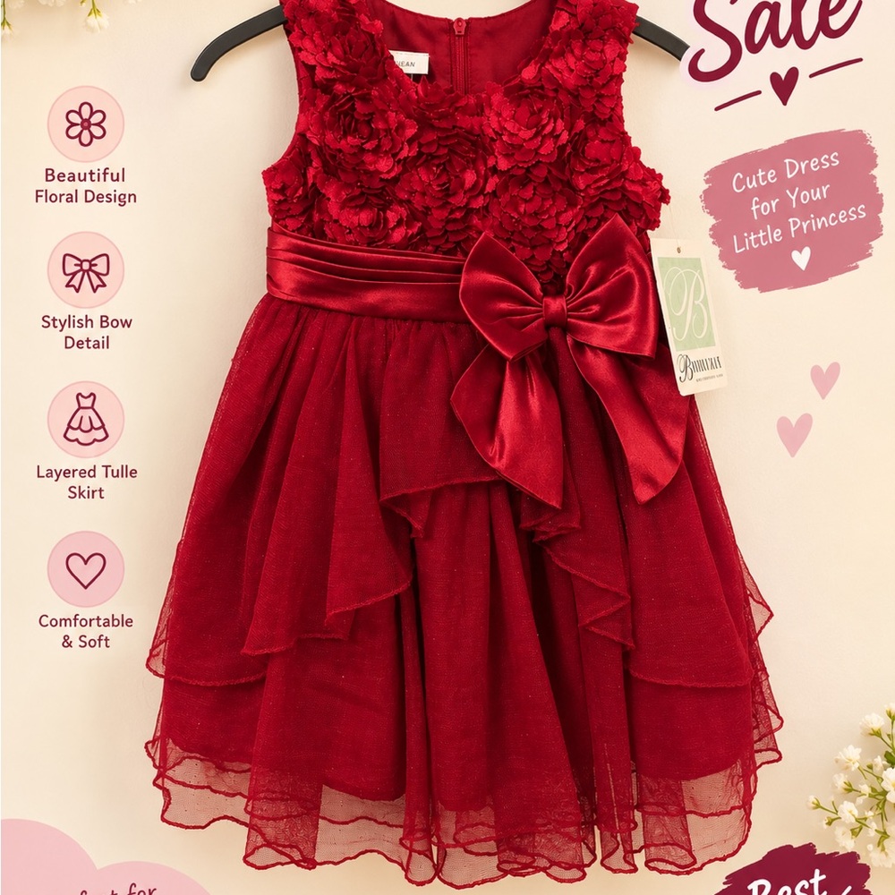 Bonnie Jean Red Floral Bow Tulle Party Dress for Girls